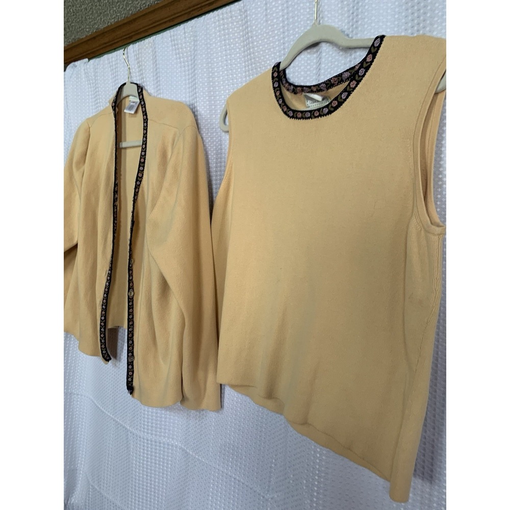 Susan Bristol Womens XL Two Piece Sweater Set Tan‎ Embroidered Vintage 1999